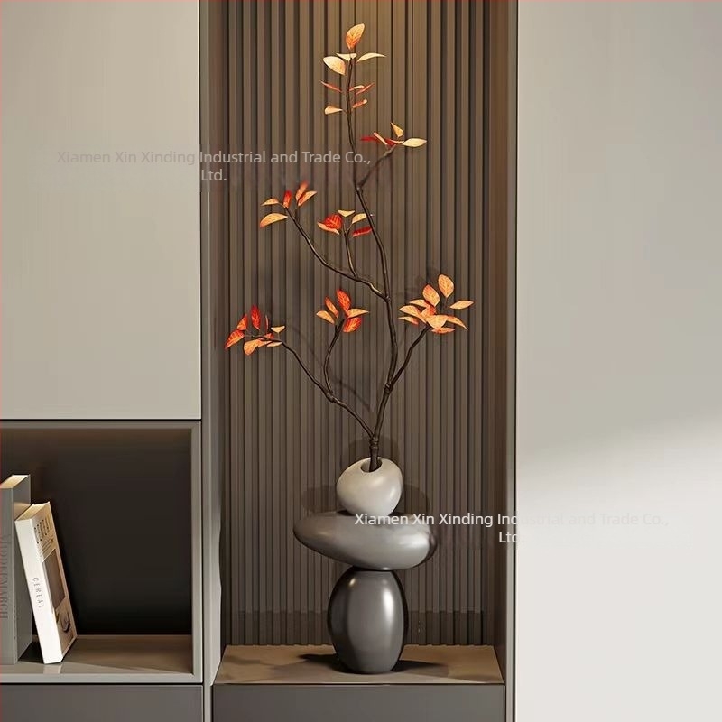 Vază decorativă din rășină pentru hol, plantă artificială; lucrată manual și pictată; turnare prin injecție; stil Nou Chinezesc; potrivită pentru decorul sufrageriei cu mobilier TV.