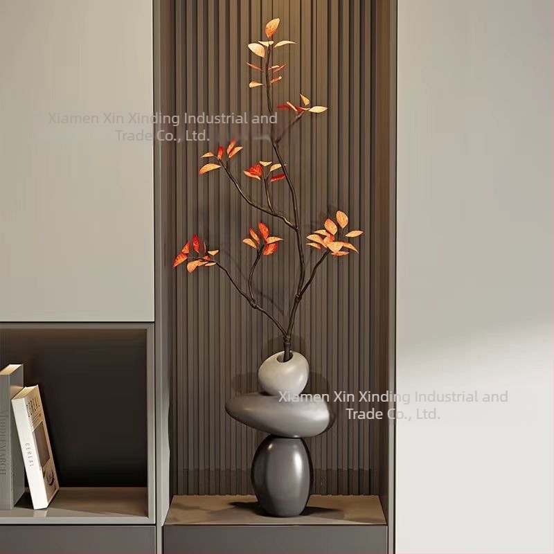 Vază decorativă din rășină pentru hol, plantă artificială; lucrată manual și pictată; turnare prin injecție; stil Nou Chinezesc; potrivită pentru decorul sufrageriei cu mobilier TV.