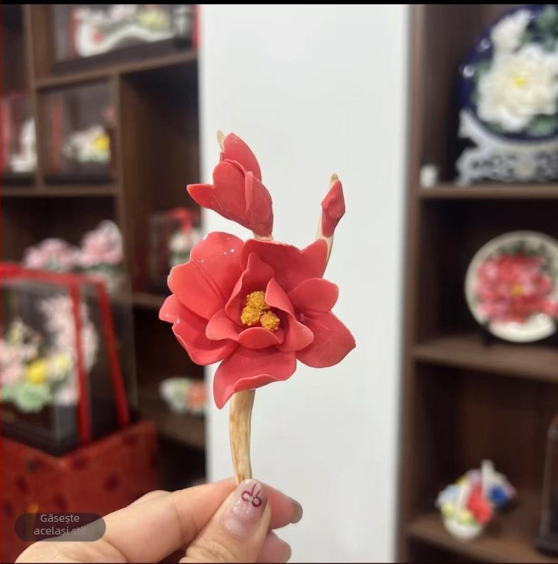 Ornament ceramic cu ramuri de bujor, lucrat manual, stil chinezesc, decor de birou