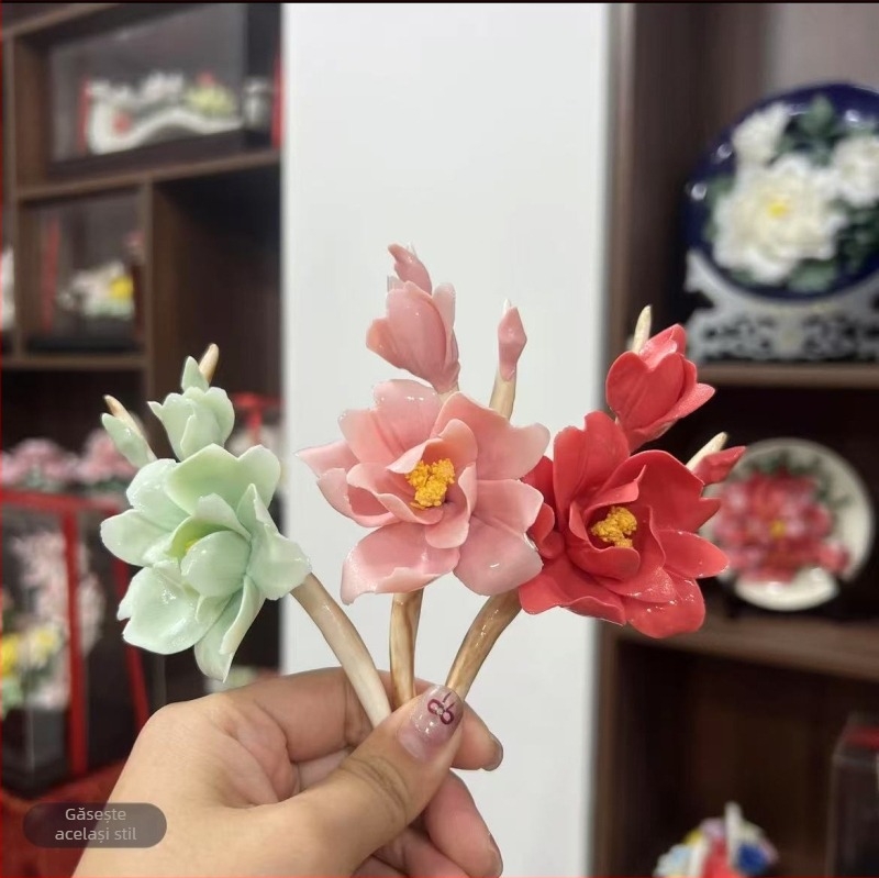 Ornament ceramic cu ramuri de bujor, lucrat manual, stil chinezesc, decor de birou