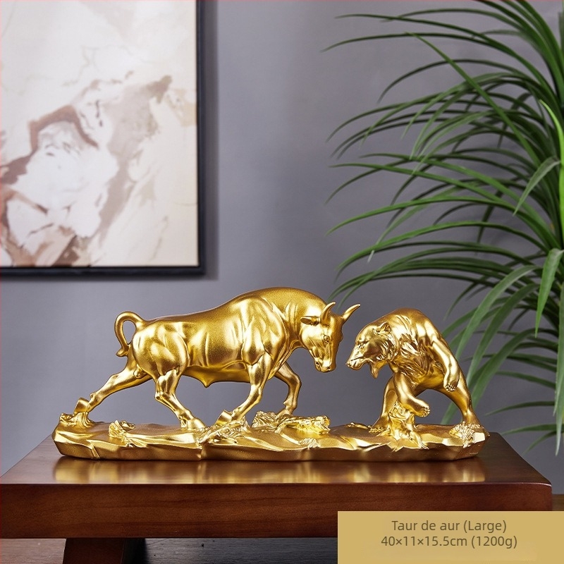 Ornament de birou din rășină, realizat manual, ideal ca dar de afaceri – luptă taur-urs pe Wall Street