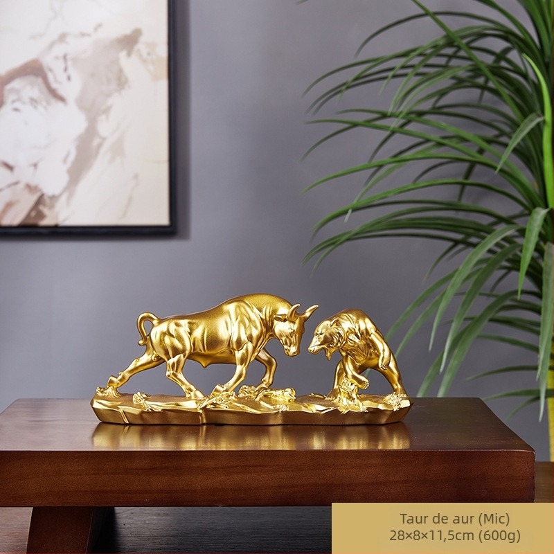 Ornament de birou din rășină, realizat manual, ideal ca dar de afaceri – luptă taur-urs pe Wall Street