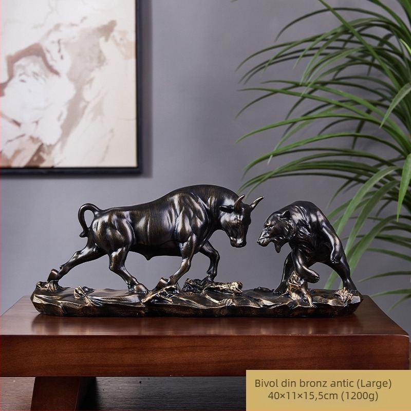 Ornament de birou din rășină, realizat manual, ideal ca dar de afaceri – luptă taur-urs pe Wall Street