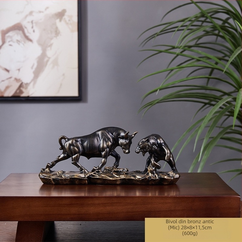 Ornament de birou din rășină, realizat manual, ideal ca dar de afaceri – luptă taur-urs pe Wall Street
