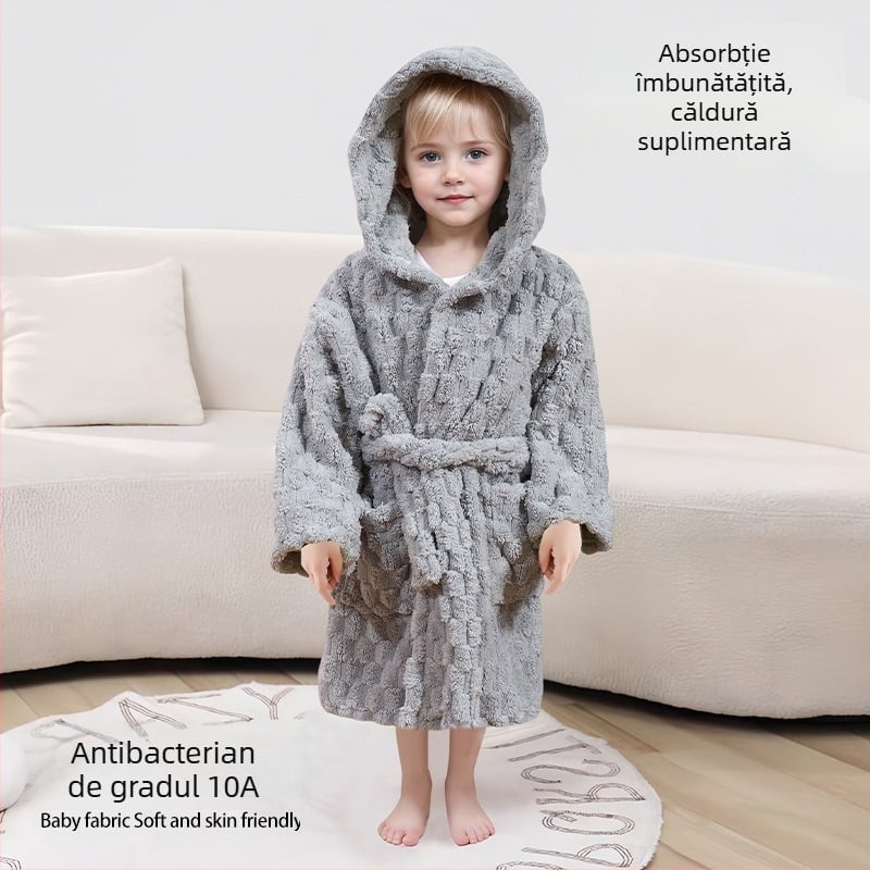Halat de baie cu glugă pentru copii, din coral fleece, ca prosop purtabil, absorbant, uscare rapidă, unisex