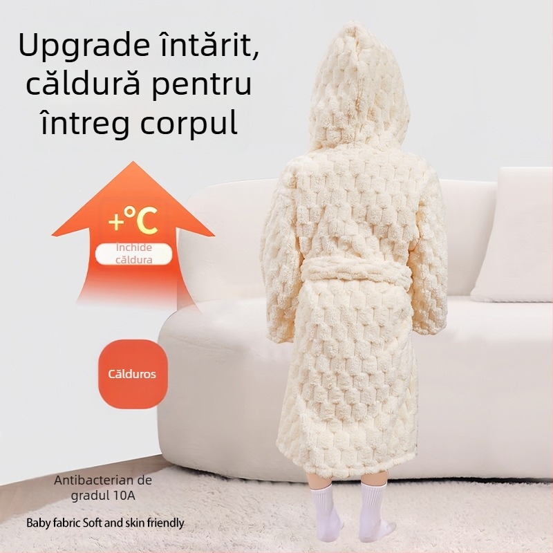 Halat de baie cu glugă pentru copii, din coral fleece, ca prosop purtabil, absorbant, uscare rapidă, unisex