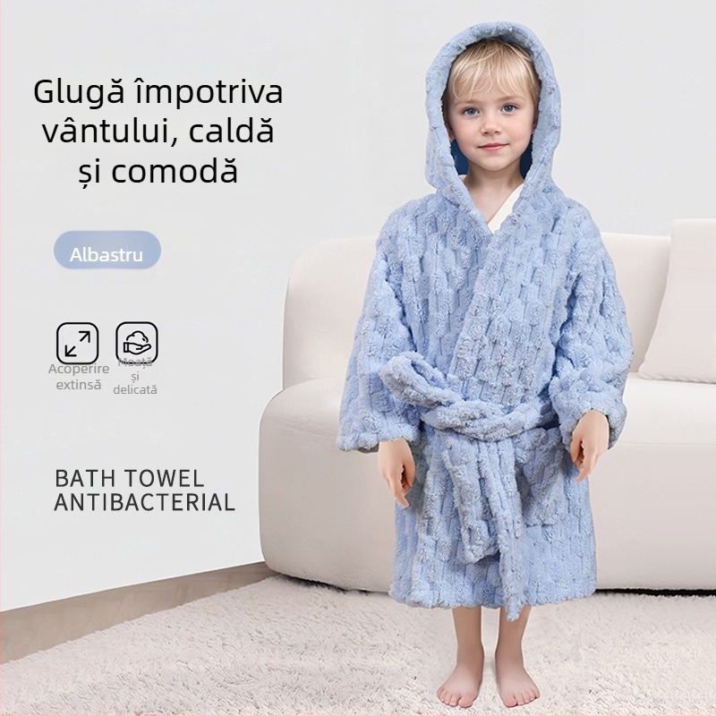 Halat de baie cu glugă pentru copii, din coral fleece, ca prosop purtabil, absorbant, uscare rapidă, unisex