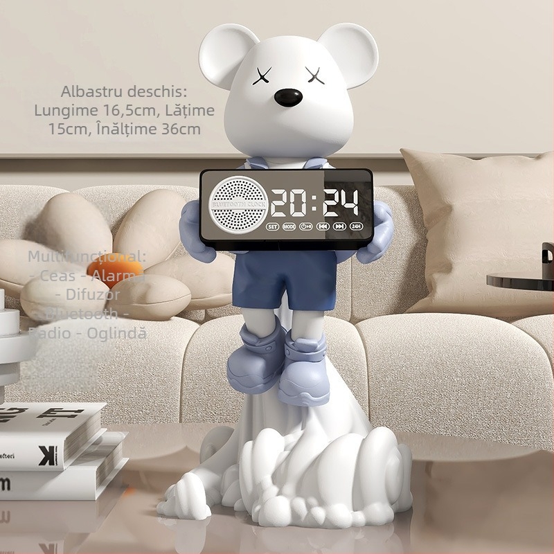 Ornament ceas pendul cu urs spațial – rășină, desen animat, stil modern minimalist; potrivit pentru living, hol, vitrină pentru vin, comodă TV; Brand Yizhi Xin.