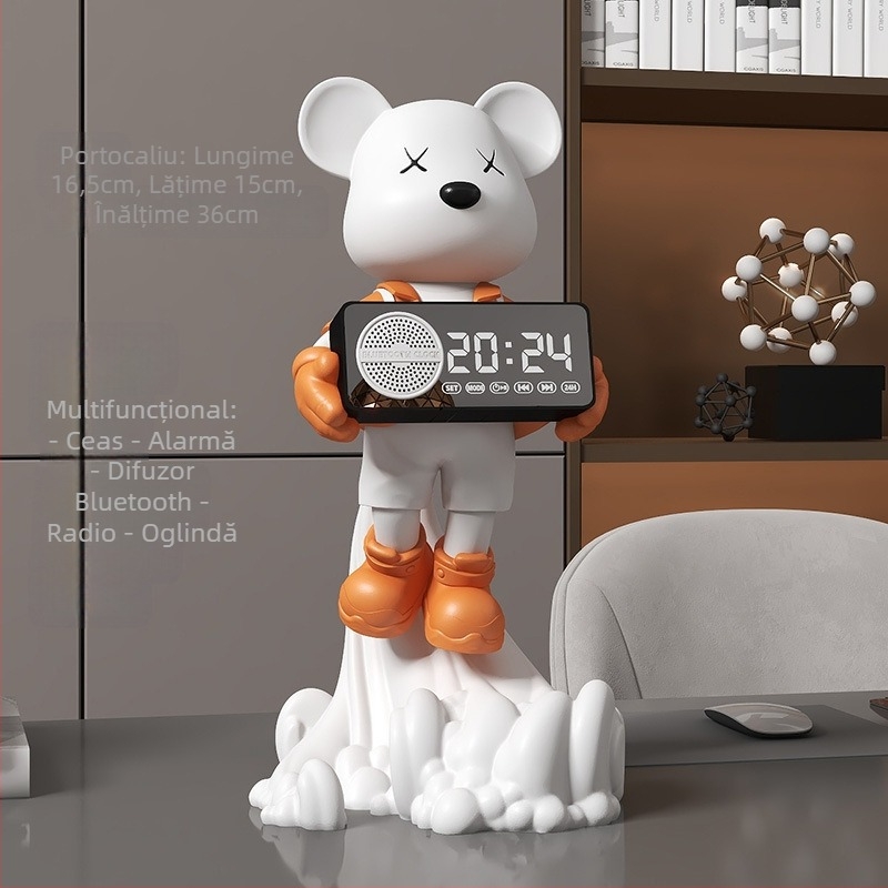 Ornament ceas pendul cu urs spațial – rășină, desen animat, stil modern minimalist; potrivit pentru living, hol, vitrină pentru vin, comodă TV; Brand Yizhi Xin.
