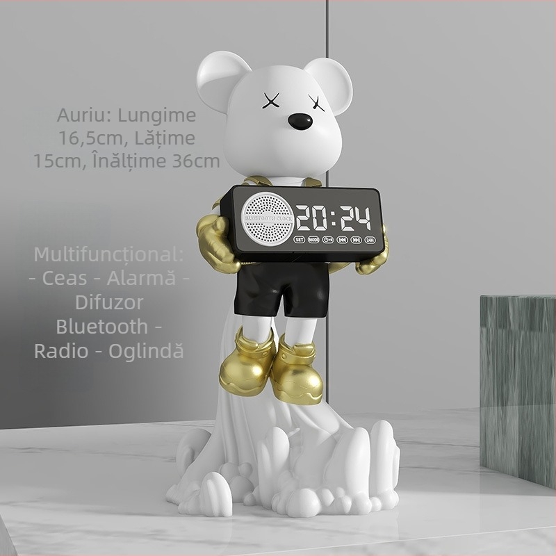 Ornament ceas pendul cu urs spațial – rășină, desen animat, stil modern minimalist; potrivit pentru living, hol, vitrină pentru vin, comodă TV; Brand Yizhi Xin.
