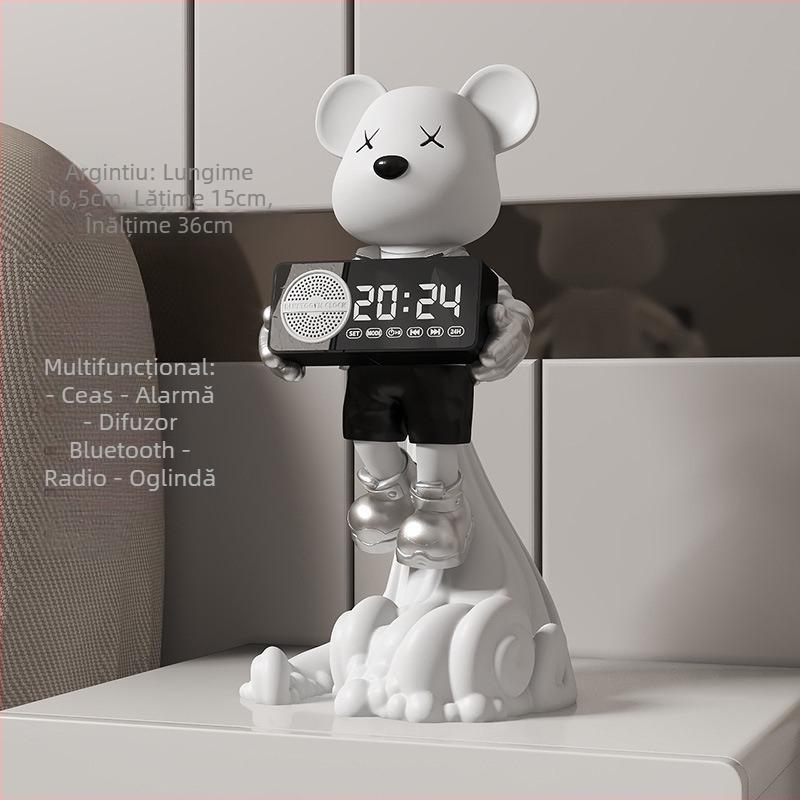 Ornament ceas pendul cu urs spațial – rășină, desen animat, stil modern minimalist; potrivit pentru living, hol, vitrină pentru vin, comodă TV; Brand Yizhi Xin.