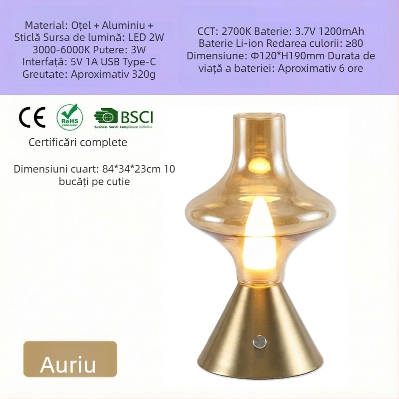 NHCL-020 Lampă de masă clasică din sticlă, cu suport metalic, reglare prin atingere și lumină de noapte