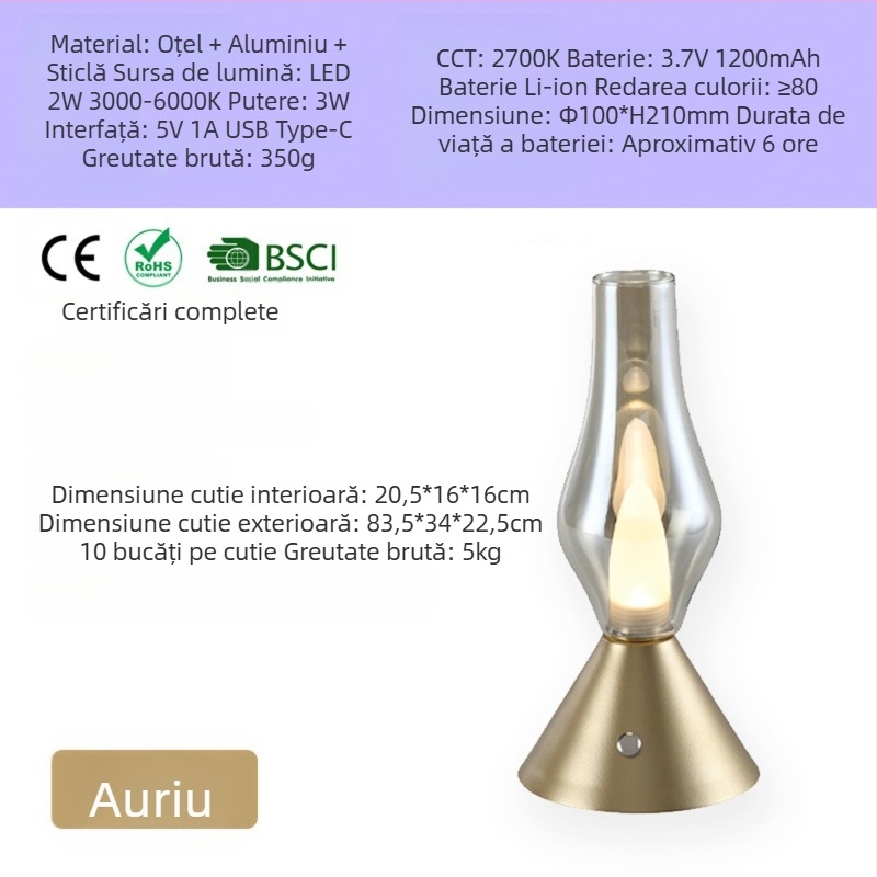 NHCL-020 Lampă de masă clasică din sticlă, cu suport metalic, reglare prin atingere și lumină de noapte