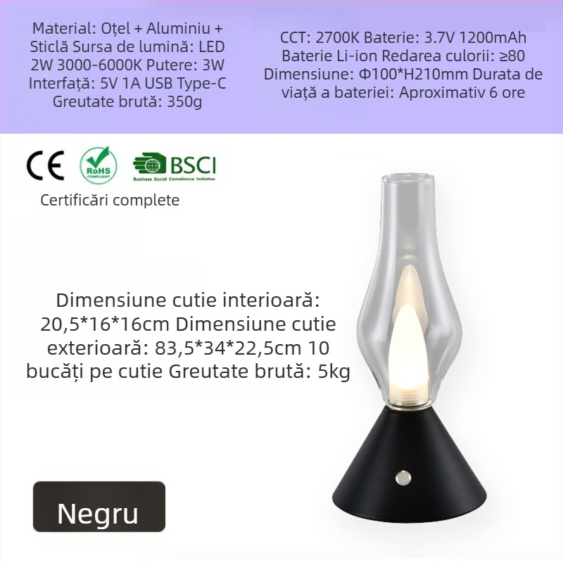 NHCL-020 Lampă de masă clasică din sticlă, cu suport metalic, reglare prin atingere și lumină de noapte