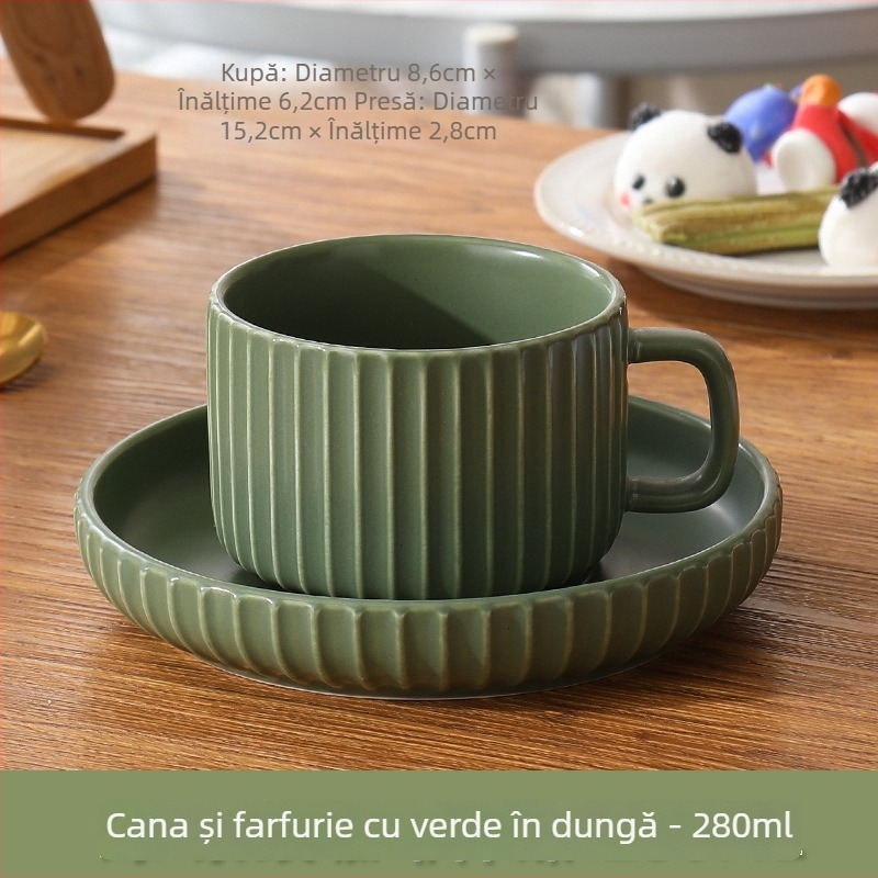 Cana de cafea cu farfurie, stil japonez, latte art, set ceramic vintage