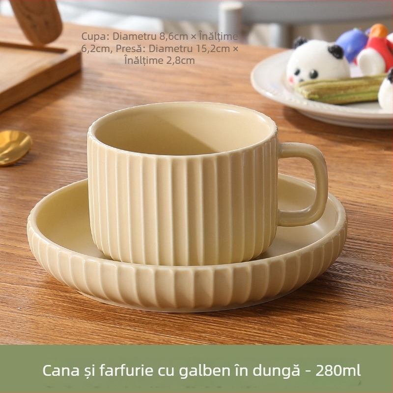 Cana de cafea cu farfurie, stil japonez, latte art, set ceramic vintage
