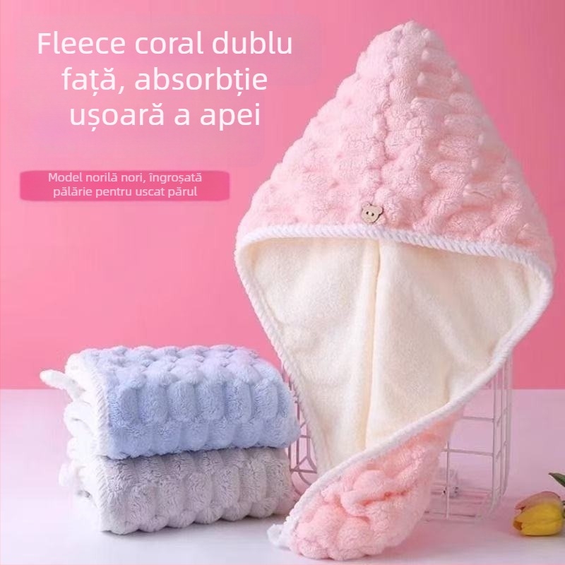 Șapcă dublă din velur coral pentru uscare păr, gros, uscare rapidă – Poliester, 100–119 g, fibră înaltă/jos și velur tăiat