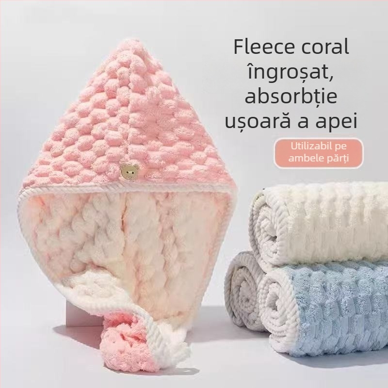 Șapcă dublă din velur coral pentru uscare păr, gros, uscare rapidă – Poliester, 100–119 g, fibră înaltă/jos și velur tăiat
