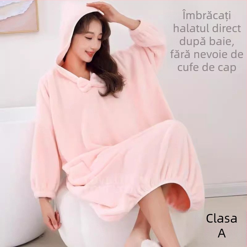 Halat de baie cu glugă purtabil | Coral fleece | Femei | Absorbant de apă | Uscare rapidă