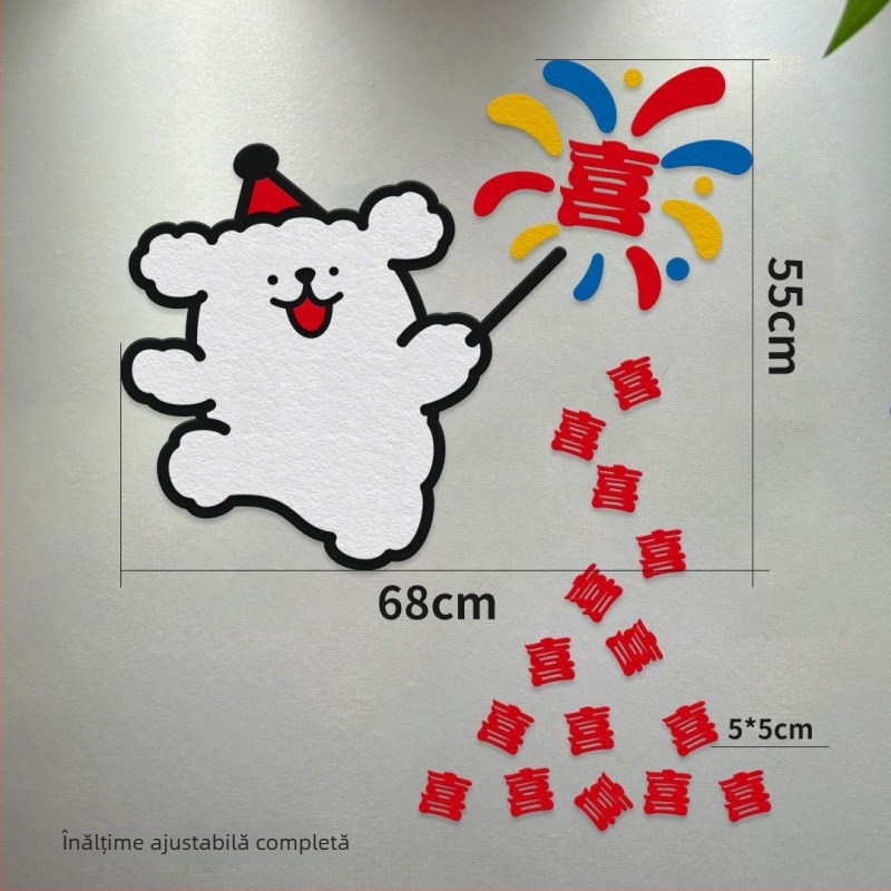 Set decorativ de autocolante pentru perete cu un cățeluș în linii și cu cuvântul Happy pentru decorul camerei proaspăt căsătorite (garderobă și uși) • Material: Felt • Brand: Imena • Categorie: Happy word • Import: Nu