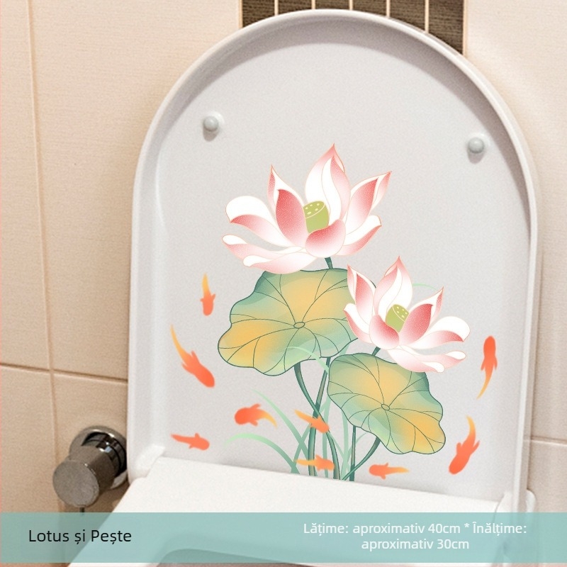 Autocolant autoadeziv pentru capacul de toaletă cu model lotus – PVC, autocolant, model peisaj, stil modern minimalist, baie