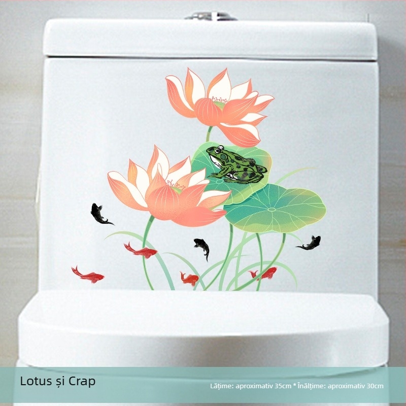 Autocolant autoadeziv pentru capacul de toaletă cu model lotus – PVC, autocolant, model peisaj, stil modern minimalist, baie