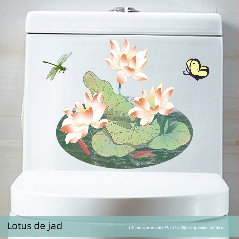 Autocolant autoadeziv pentru capacul de toaletă cu model lotus – PVC, autocolant, model peisaj, stil modern minimalist, baie