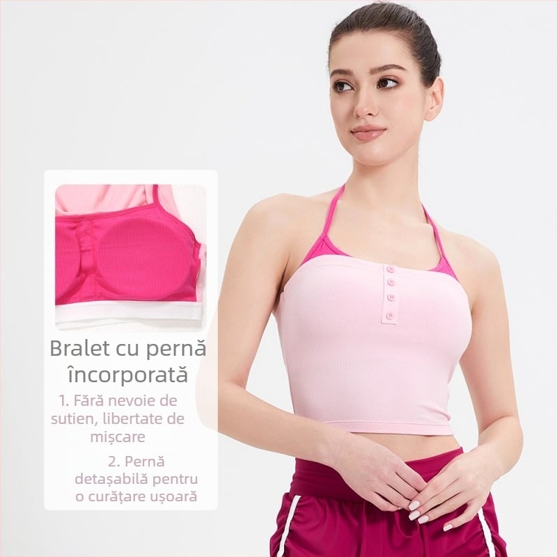 Vesta sport feminină cu pernă pentru sân, fără mâneci, halter pentru alergare și yoga, cupe 3/4, cupe modelate, curea de gât detașabilă, bumbac 90% elastan 10%