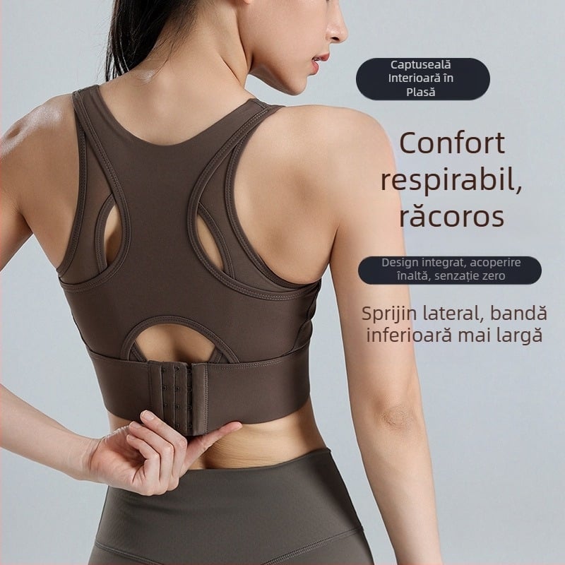 Sutien sport pentru yoga, cupa 3/4, cupă turnată medie, material principal nylon 75%, căptușeală nylon 25%, bretele fixe duble