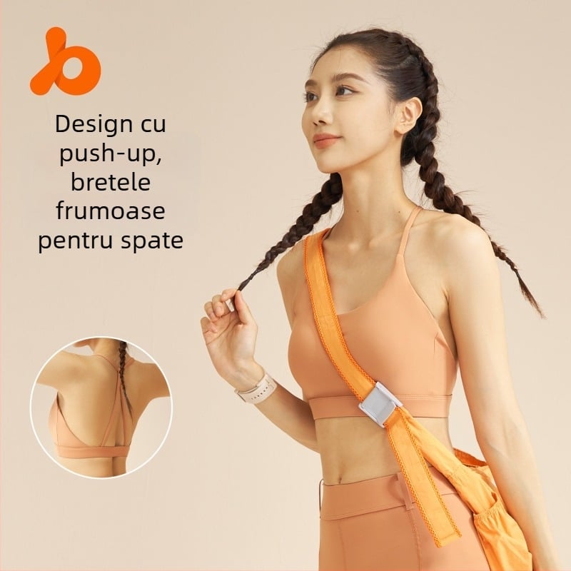 Sutien sport pentru yoga și fitness, guler fix halter, design dintr-o singură bucată, cupă 3/4, material principal 78% nylon, căptușeală 22% spandex