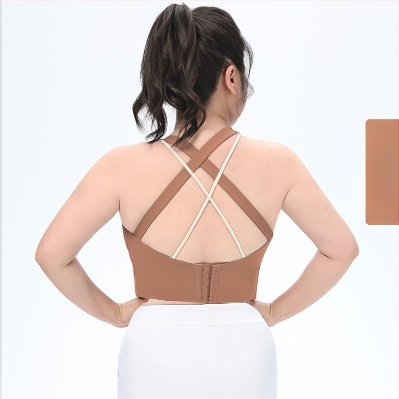Vestă lungă de fitness, respirabilă, cu protecție pentru sân, țesătură din nylon, 75% nylon în materialul principal, cupe subțiri modelate, bretele fixe duble, închiderea cu catarame pe spate