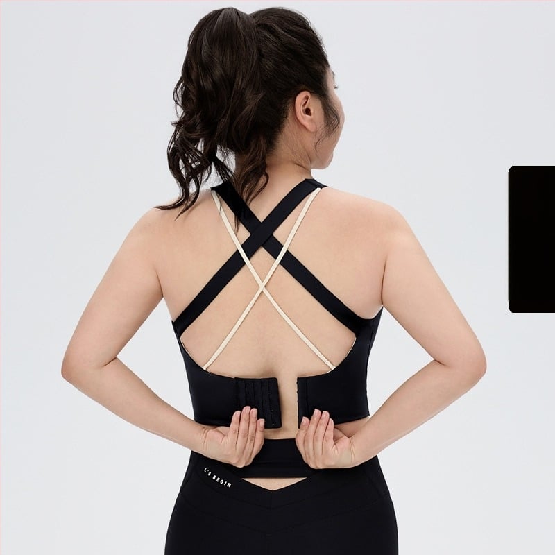 Vestă lungă de fitness, respirabilă, cu protecție pentru sân, țesătură din nylon, 75% nylon în materialul principal, cupe subțiri modelate, bretele fixe duble, închiderea cu catarame pe spate