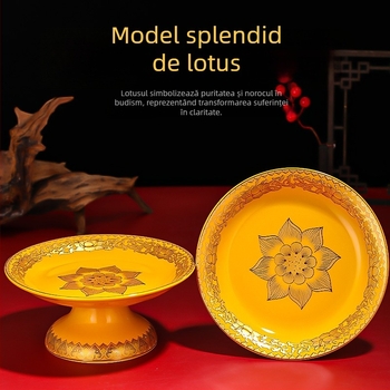 Platou ceramic pentru fructe pentru ofrande Purple Lotus – platou de ofrande cu Zeul Bogăției și Buddha
