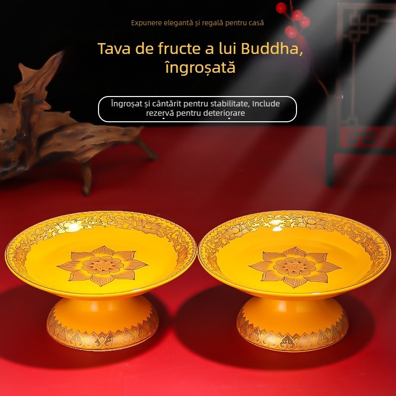 Platou ceramic pentru fructe pentru ofrande Purple Lotus – platou de ofrande cu Zeul Bogăției și Buddha