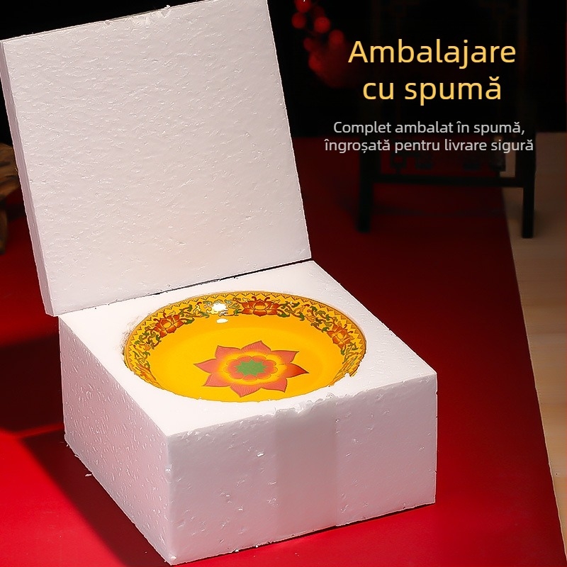 Platou ceramic pentru fructe pentru ofrande Purple Lotus – platou de ofrande cu Zeul Bogăției și Buddha