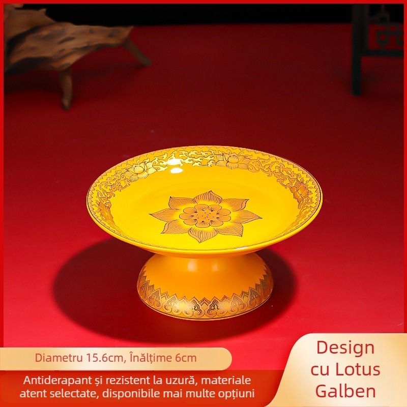 Platou ceramic pentru fructe pentru ofrande Purple Lotus – platou de ofrande cu Zeul Bogăției și Buddha