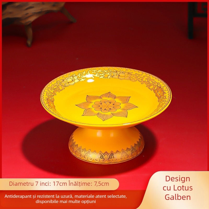 Platou ceramic pentru fructe pentru ofrande Purple Lotus – platou de ofrande cu Zeul Bogăției și Buddha