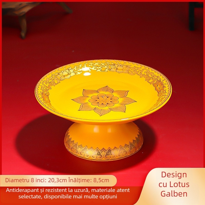 Platou ceramic pentru fructe pentru ofrande Purple Lotus – platou de ofrande cu Zeul Bogăției și Buddha