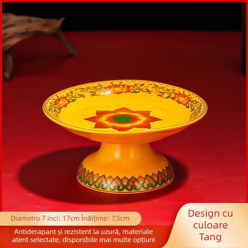 Platou ceramic pentru fructe pentru ofrande Purple Lotus – platou de ofrande cu Zeul Bogăției și Buddha