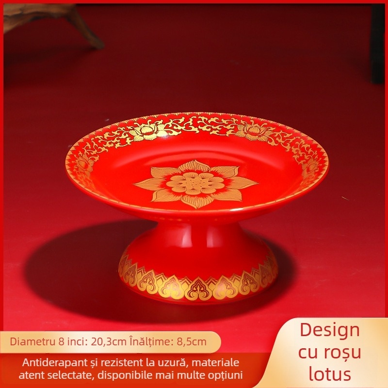 Platou ceramic pentru fructe pentru ofrande Purple Lotus – platou de ofrande cu Zeul Bogăției și Buddha