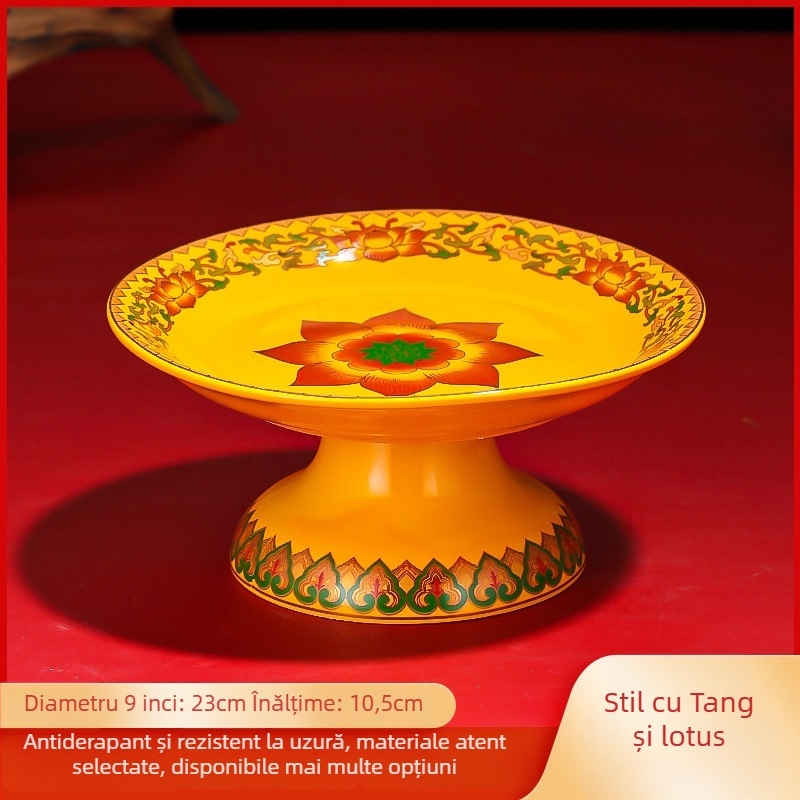 Platou ceramic pentru fructe pentru ofrande Purple Lotus – platou de ofrande cu Zeul Bogăției și Buddha