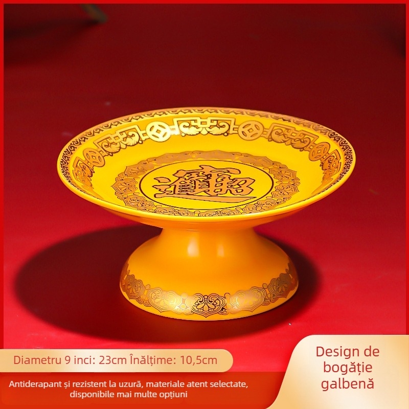 Platou ceramic pentru fructe pentru ofrande Purple Lotus – platou de ofrande cu Zeul Bogăției și Buddha