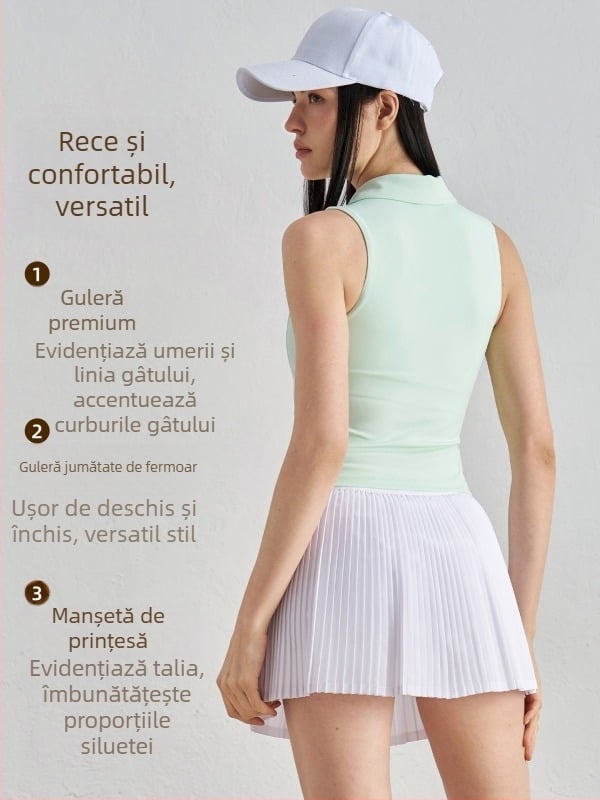 Vesta Polo tenis cu pad la piept și guler înalt – fără mâneci, croială slim, material respirabil, 82% nylon, 18% spandex, țesătură NULS Youth Ice Mint, pentru femei tinere