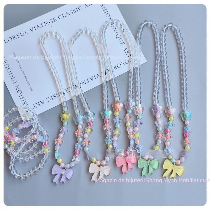 Set Colier și Brățară pentru Copii, cu motiv funda, acrilic, lucrat manual, stil desen animat