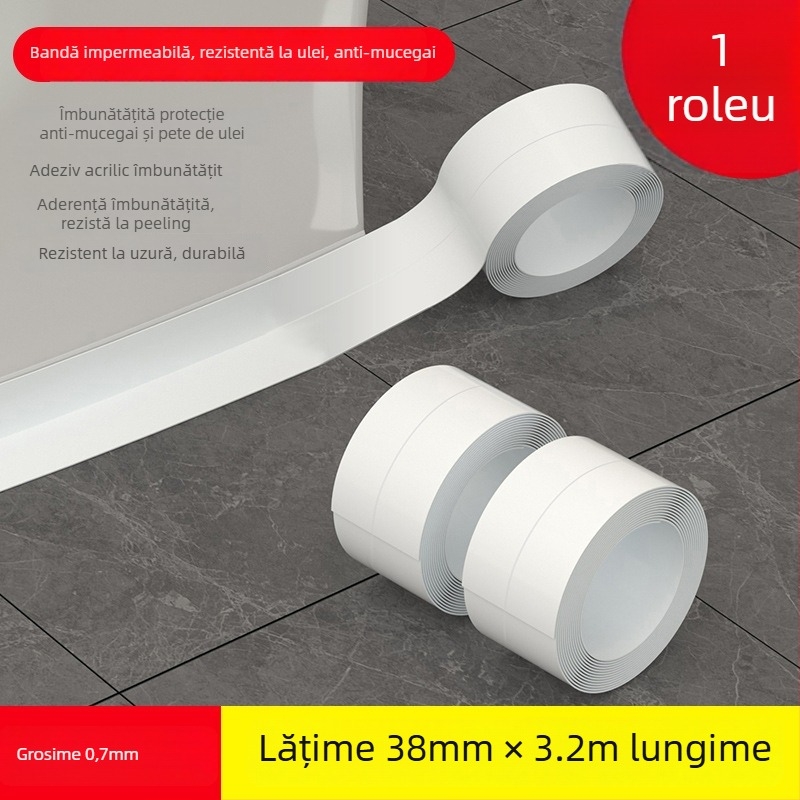 Bandă de etanșare a marginii pentru baie și bucătărie — autoadezivă, PVC, rezistentă la apă, antimucegai