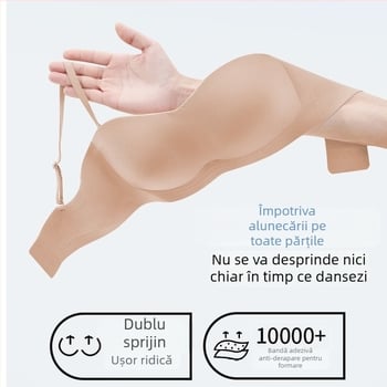 Sutien invizibil fără cusături, anti-alunecare, fără spate, dintr-un singur element, bretele detașabile duble, cupe pline, formare subțire, nailon cu căptușire spandex