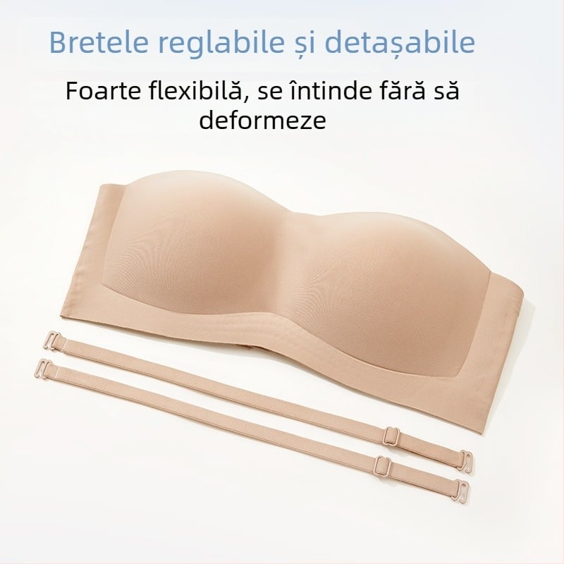 Sutien invizibil fără cusături, anti-alunecare, fără spate, dintr-un singur element, bretele detașabile duble, cupe pline, formare subțire, nailon cu căptușire spandex