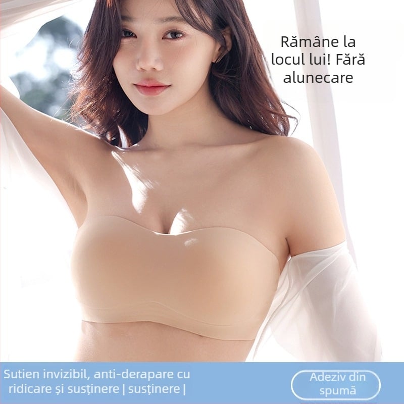 Sutien invizibil fără cusături, anti-alunecare, fără spate, dintr-un singur element, bretele detașabile duble, cupe pline, formare subțire, nailon cu căptușire spandex
