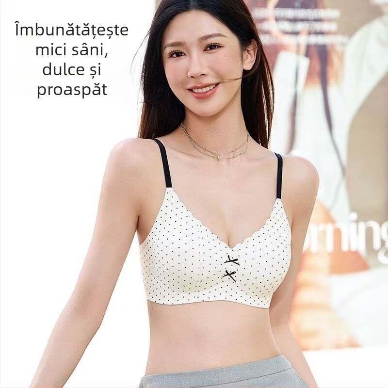 Sutien fără cusături cu fundă buline – nailon, cupă 3/4, cupă modelată (varf subțire, bază groasă), susținere de ridicare