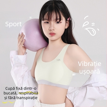 Sutien sport pentru fete adolescente, fără cusături, cupă 3/4, cu cupă subțire modelată din burete, material nylon, respirabil, bretele fixe, pentru vârsta 13–18
